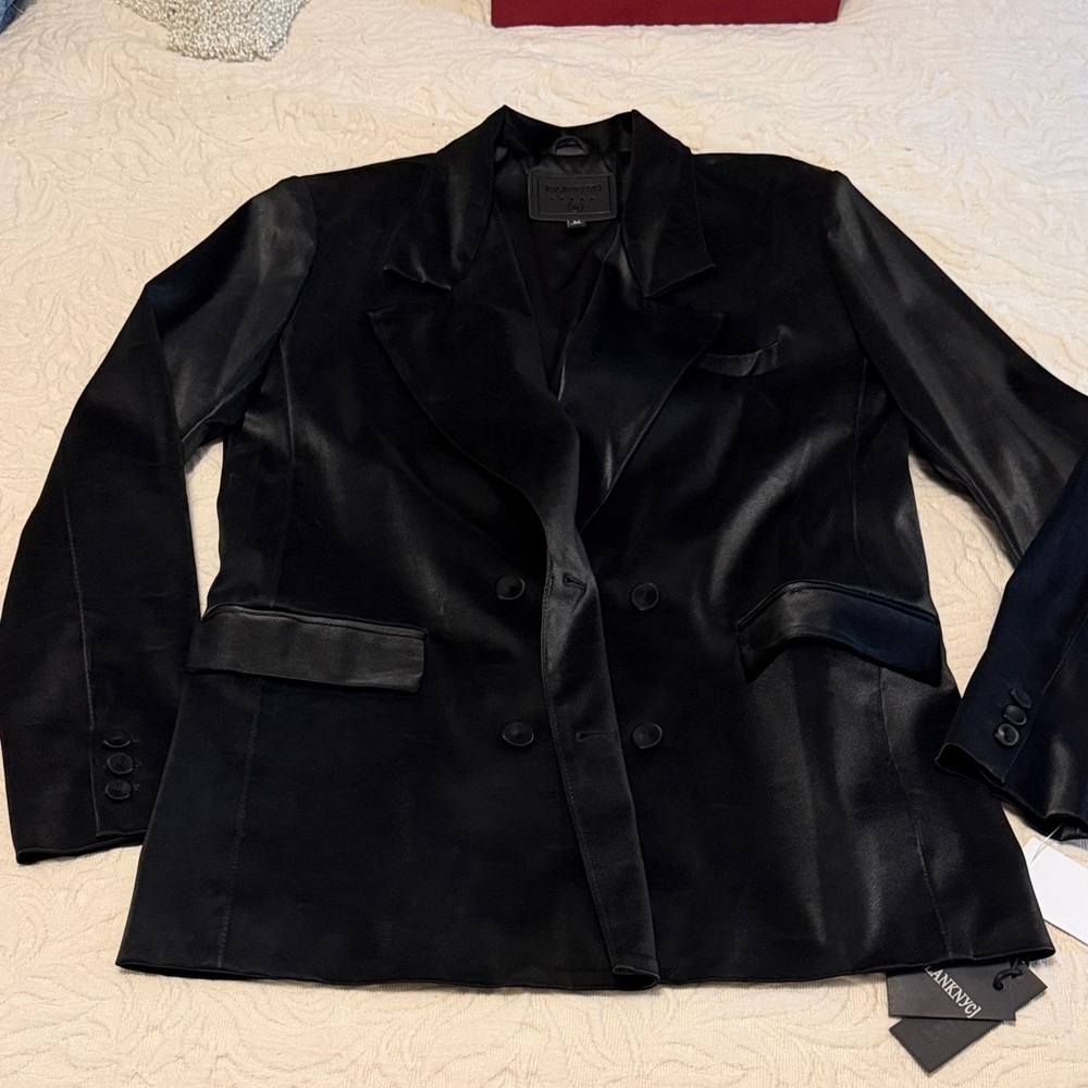 BLANK NYC black vegan Leather double breasted blazer M - Picture 3 of 9